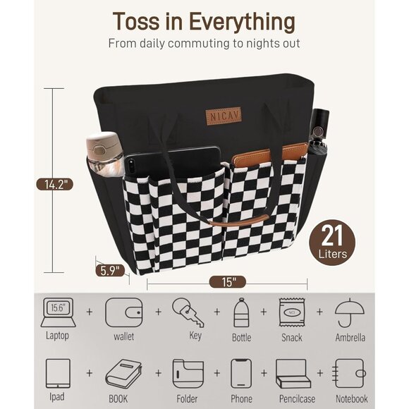 Women's Black 1 Tote Bags Large Utility Bags with Pockets Zip for Teacher Work - Picture 4 of 6